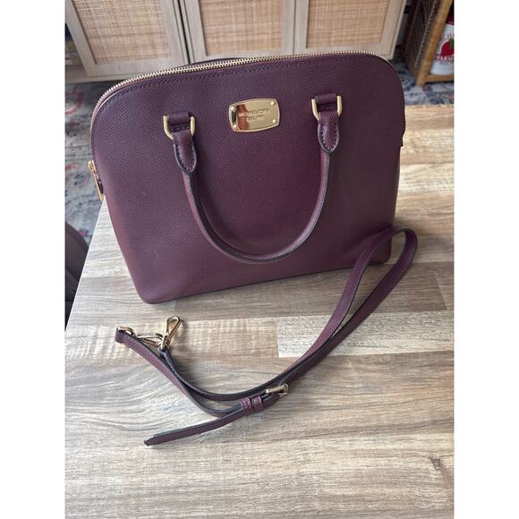 Michael Kors Cindy Pebbled Leather Medium Dome Satchel Purse Burgundy - Picture 2 of 7